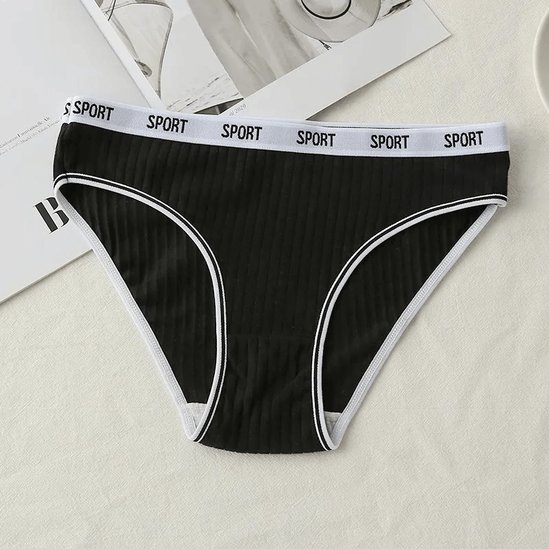 Women's black low-rise cotton panties with white sport waistband, solid color briefs SF2173.